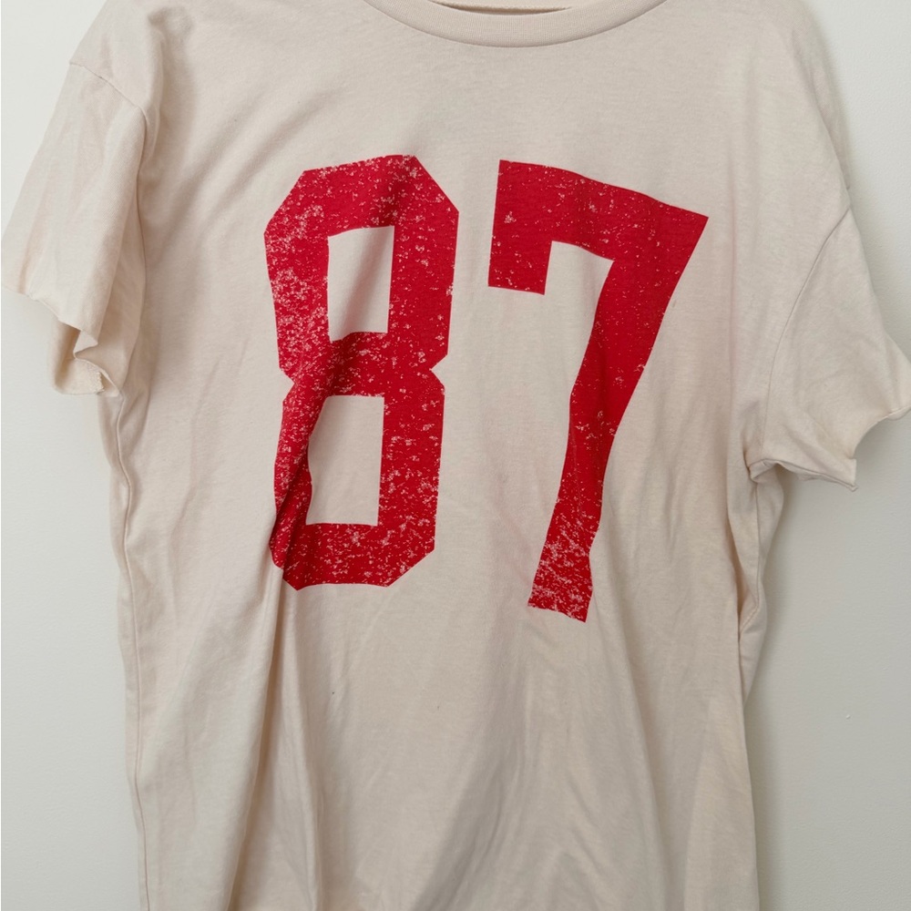 Cream T-Shirt with 87 Print (cut sleeves and bottom) ✂️